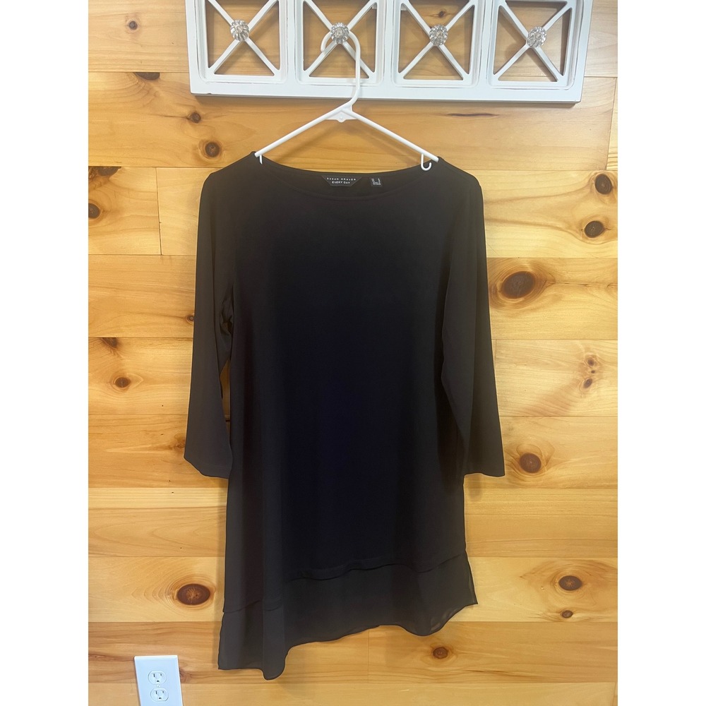 Susan Graver Every Day Black 3/4 Sleeve Sheer Layered Hem Tunic Top Small